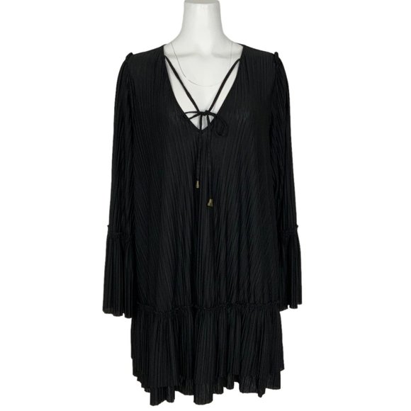 Free People Dresses & Skirts - Free People Can't Help It Plisse Mini Dress Black M Bell Sleeve Tiered Bohemian